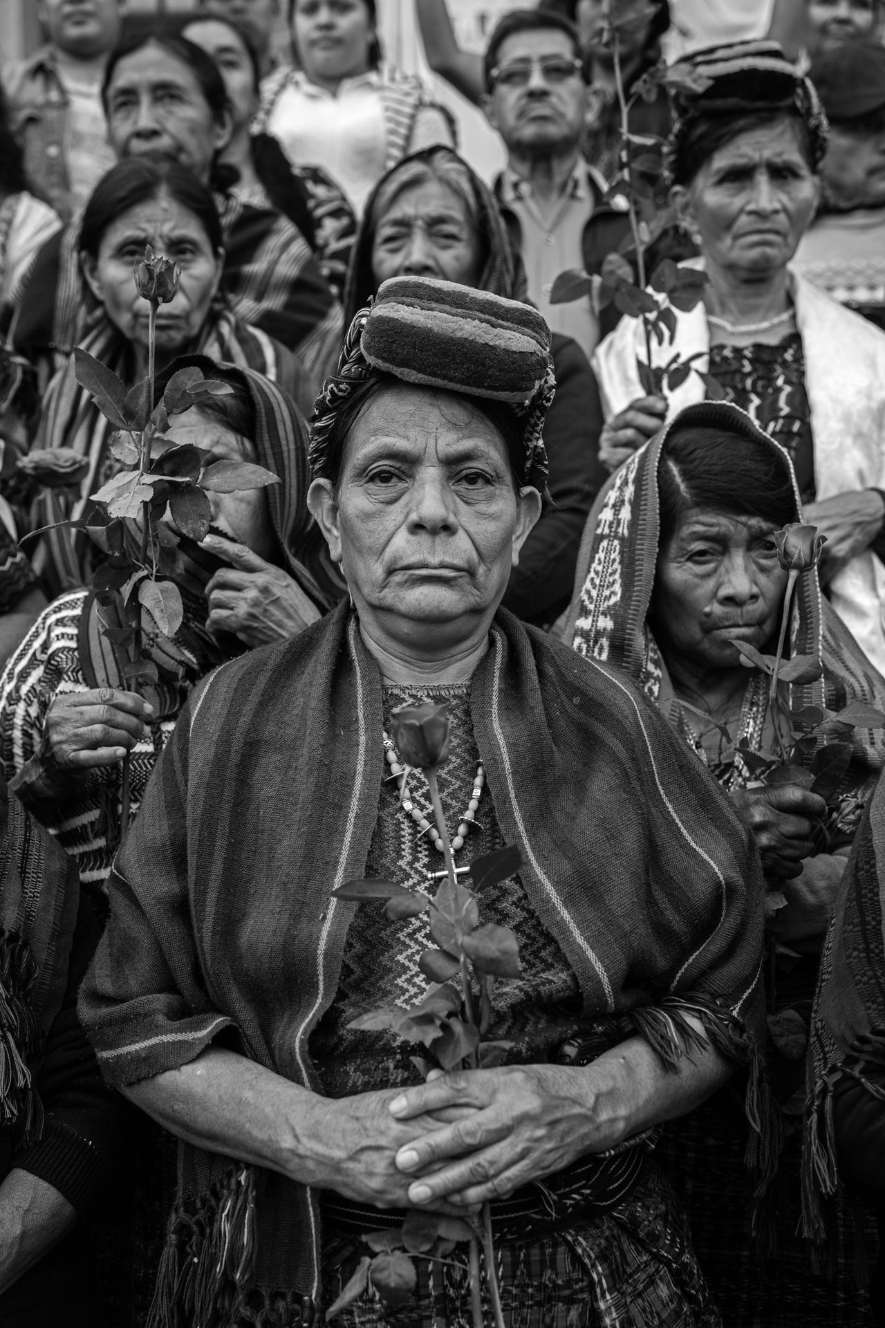 <p>Doña Paulina Ixpatá Alvarado, a plaintiff who was held captive and assaulted for 25 days in 1983, stands with fellow Achi women outside a Guatemala City court in Guatemala. That afternoon, three former civil defense patrollers were sentenced to 40 years in prison for rape and crimes against humanity.</p>
